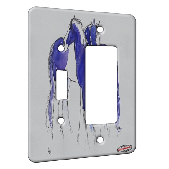 KuzmarK™ 2 Gang Single Toggle / Single Duplex Rocker Wall Plate - Piebald Gypsy Cobs in Purple and Blue Abstract Horse Art by Denise Every