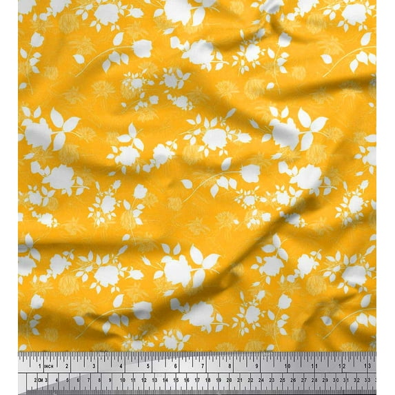 Soimoi Gold Cotton Duck Fabric Monstera Leaves & Floral Print Fabric by The Yard 42 Inch Wide