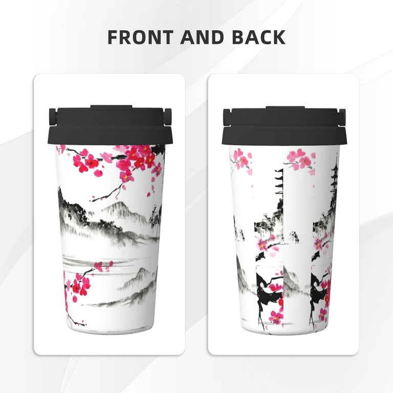 Insulated Coffee Mug With Lid Japanese Oil Painting Cherry Blossom