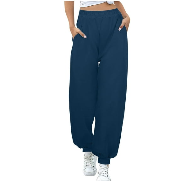 QQAMB Sweatpants for Women Pockets Joggers High Waist Solid Color Straight Leg Trendy Workout Sweatpant Blue S
