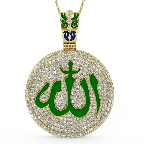 3.85 Cwt Real Genuine Moissanite Diamond Custom Enamel Allah Islamic Muslim God Medallion 14K Gold Finish Pendant Charm Necklace