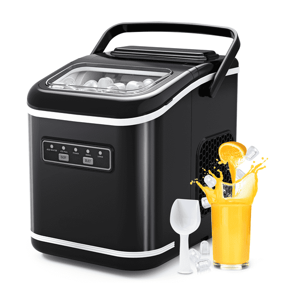 Ecozy Chillio Countertop Ice Maker, Portable, Self-Clean, 9 Bullets in 6 Mins, 26lbs/24H. Includes Handle, Basket & Scoop