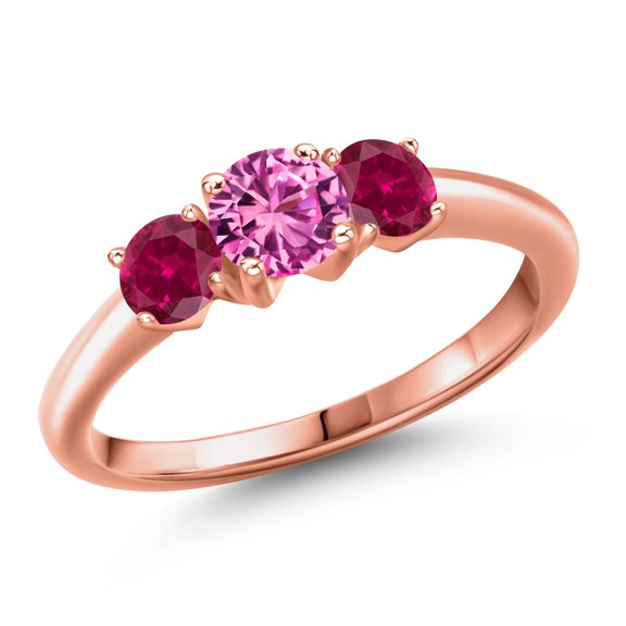 Gem Stone King 18K Rose Gold Plated Silver Pink Created Sapphire and Red Created Ruby Engagement Ring for Women | 1.05 Cttw | Round 5MM | Gemstone September Birthstone | Size 6