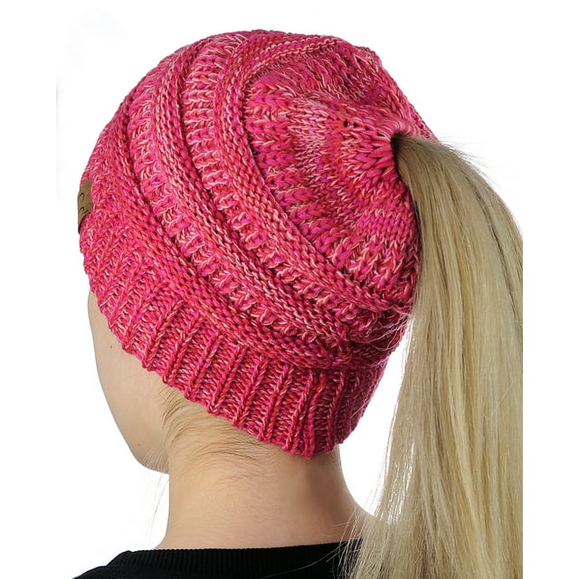 C.C Bonnet Doux Extensible en Tricot Torsadé Queue de Cheval en Désordre, 3 Tons Corail
