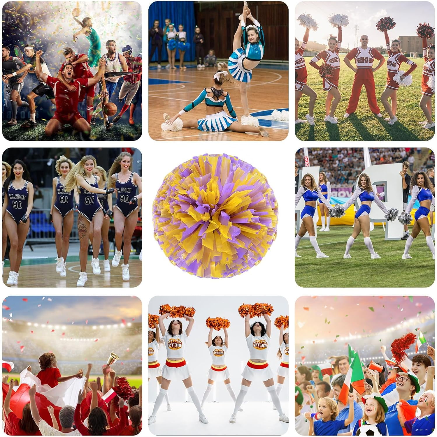Cheerleader Pom Poms 24 Pack Sports Dance Cheering Plastic Metallic Cheerleading Pom Poms for Kids Adults-Ring Style