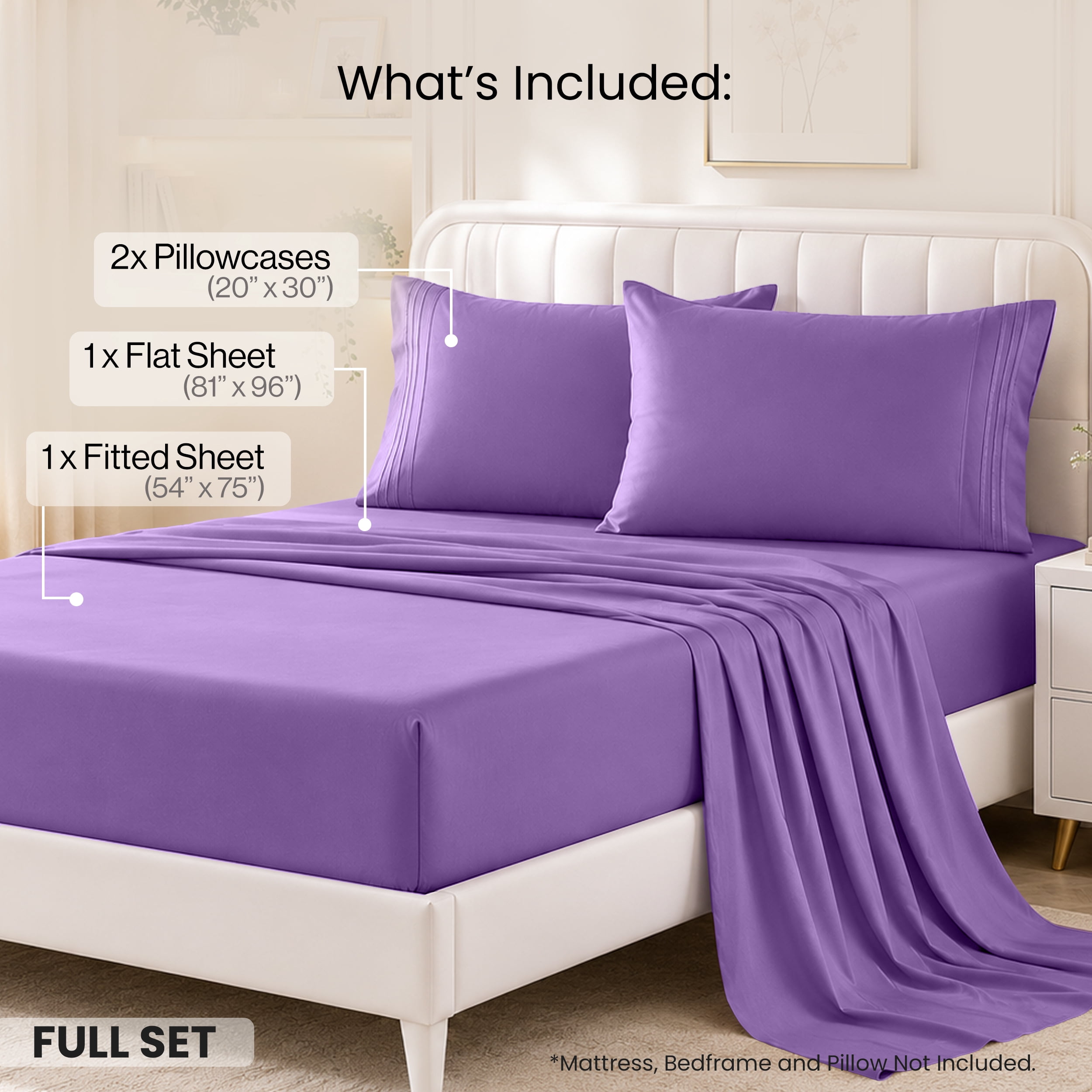 Lux Decor Collection Full Size Bed Sheets - 4 Piece Set - High GSM Brushed Microfiber - Fits up to 16 Inches Deep Pocket - Full, Purple