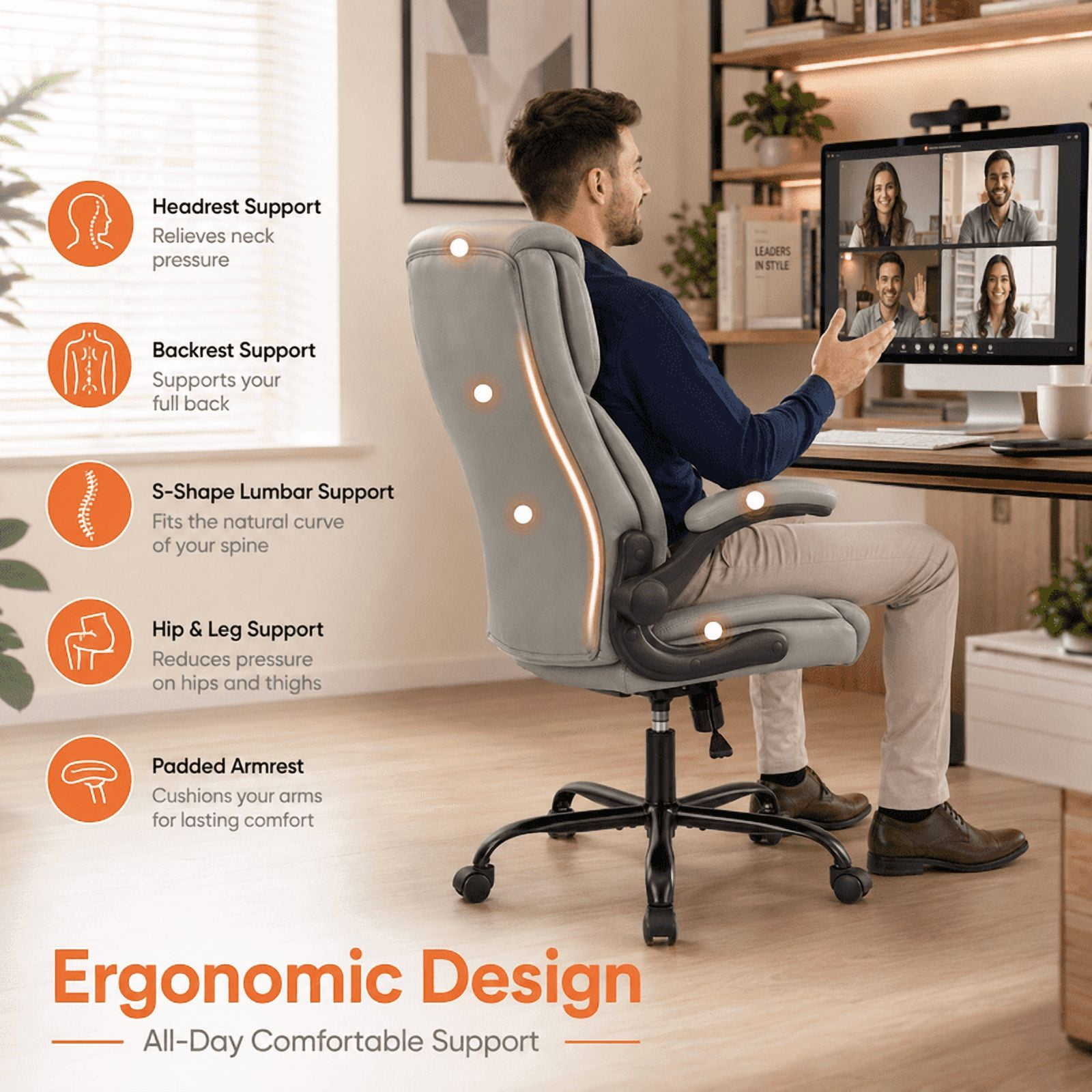 Ergonomic PU Leather Executive Office Chair, Adjustable Height Desk Chair with Lumbar Support, Wide Seat, 360° Swivel and Quiet Wheels, Gray