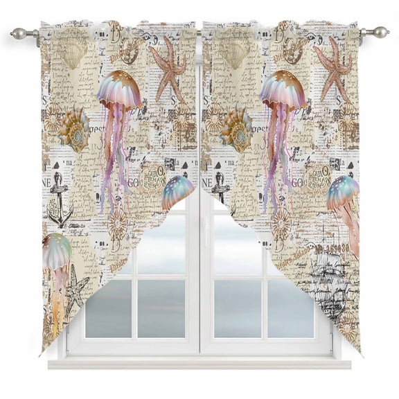 Coastal Jellyfish Kitchen Window Curtains, Swag Curtains Valance for Bedroom Living Room Bathroom, Vintage Nautical Summer Beach Starfish Rod Pocket Window Curtain Block Drapes 2 Panels 28"x36"