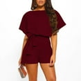 thumbnail image 3 of Stretchy Shorts Jumpsuits with Pockets New 2025 Womens Summer Belted Romper Keyhole Back Short Sleeve One Piece Wide Leg Jumpsuit Playsuit Wine XXL, 3 of 7