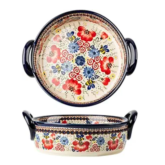 Vintage Flowers Style Ceramic Bakeware Casserole Dish Baking Pan Lasagna Pans Baking Dish with Handles for Oven/Cooking/Kitchen-1 PCS-Red Flowers-32 OZ