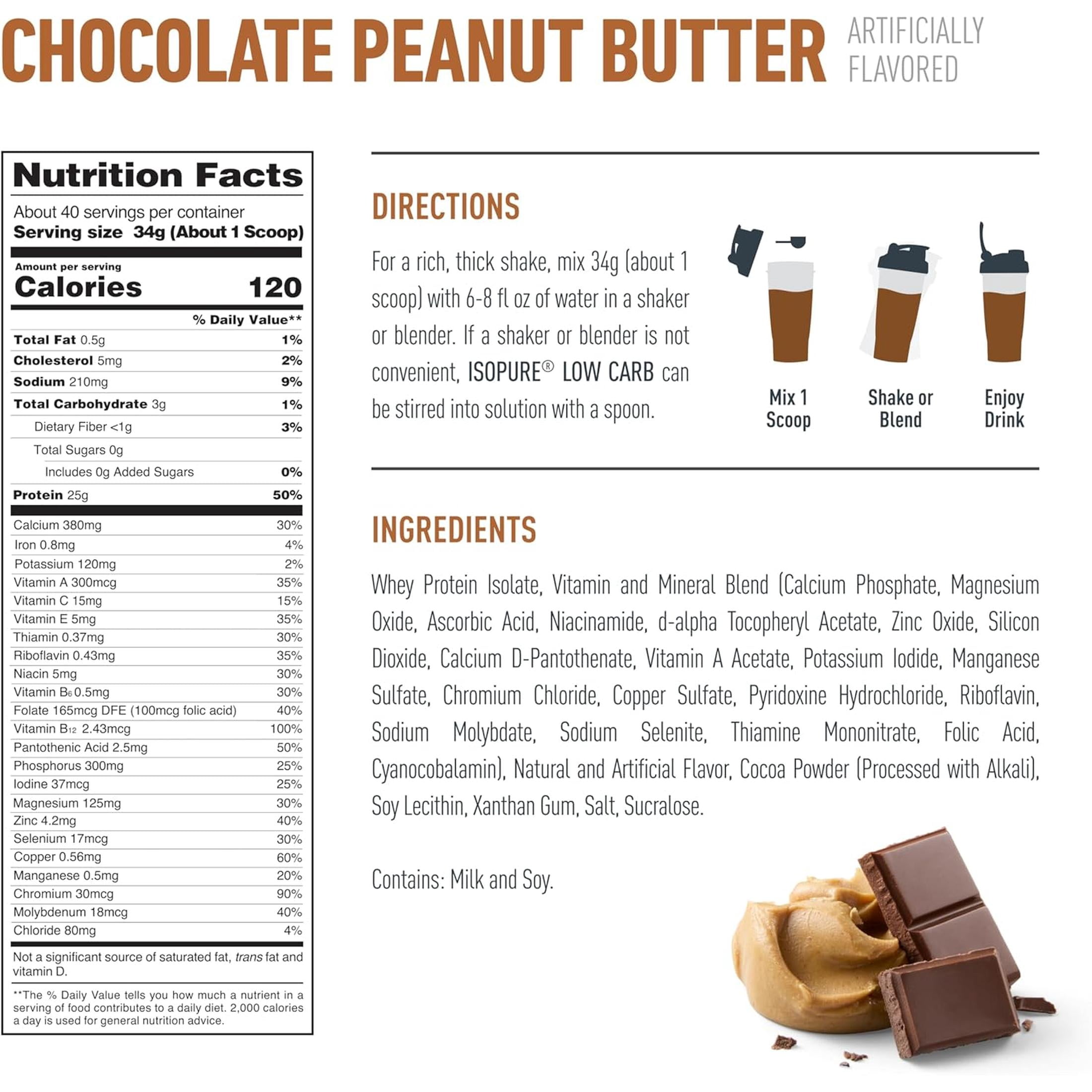 Isopure Low Carb 100% Pure Whey Isolate Protein Powder, Lactose Free, Gluten Free, With Vitamins, Chocolate Peanut Butter, 25g Protein Per Serving, 3 Lbs, 40 Servings (Packaging May Vary)