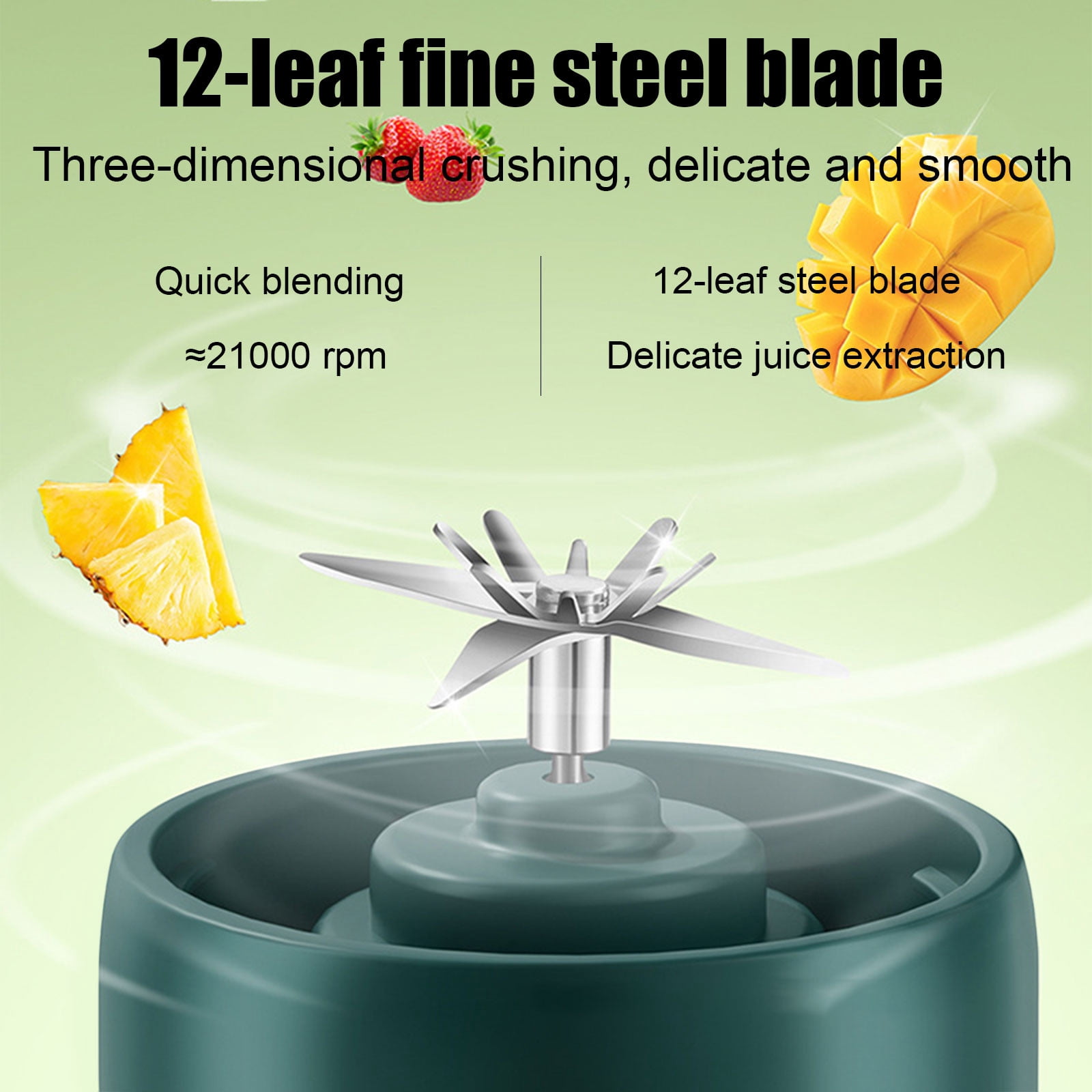 Portable Fruit and Vegetable Juicer Cup | Wireless Charging Blender | Glass Personal Smoothie Maker | 12-Blade Stainless Cutter | Cordless Rechargeable | 20.6x8.1cm | 1 Piece | Green Blue Mint