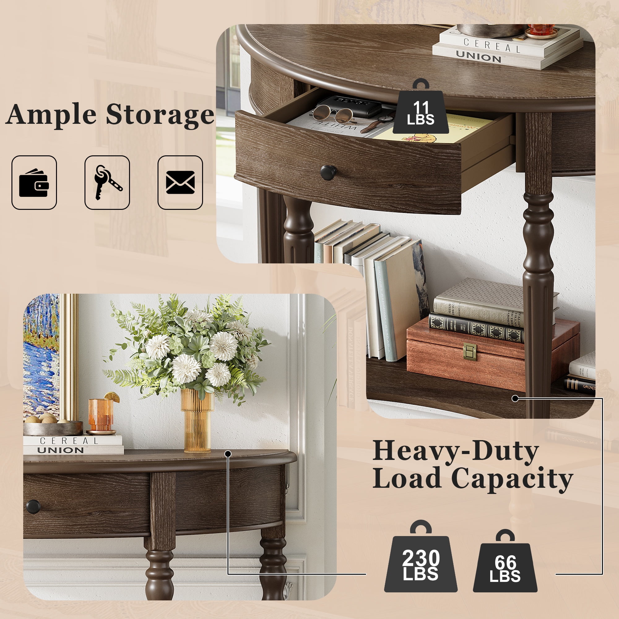 Farmhouse Half Moon Console Table with Drawer & Shelf, Rustic Accent Table, Sofa Table for Entryway, Living Room, Hallway and Foyer (Walnut)