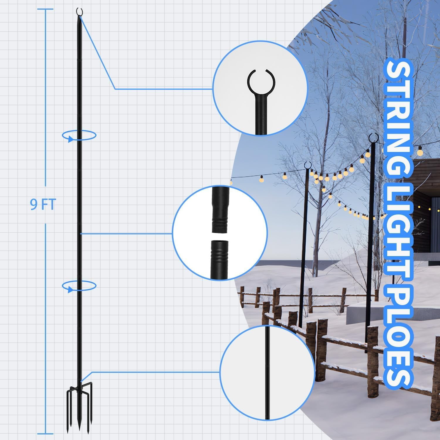 TIME RAY 4Pack 9FT String Light Poles for Outside,Electrophoresis Design Waterproof and Rustproof,for Outdoor String Lights Garden,Patio,Wedding,Backyard,Deck,Party