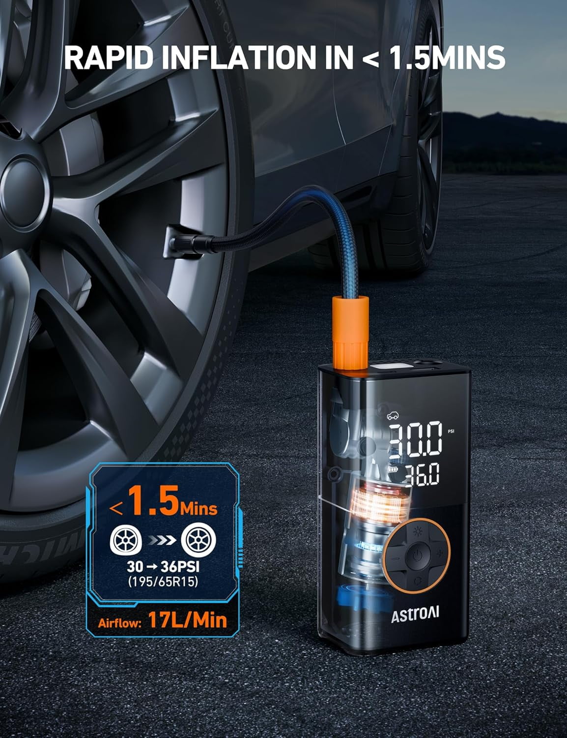 AstroAI Tire Inflator, Portable Cordless Air Compressor 150 PSI Digital Pressure Gauge Bike Pump with Digital Dual Values Display, Car Tires Pump with LED Lights Air Pump for Cars