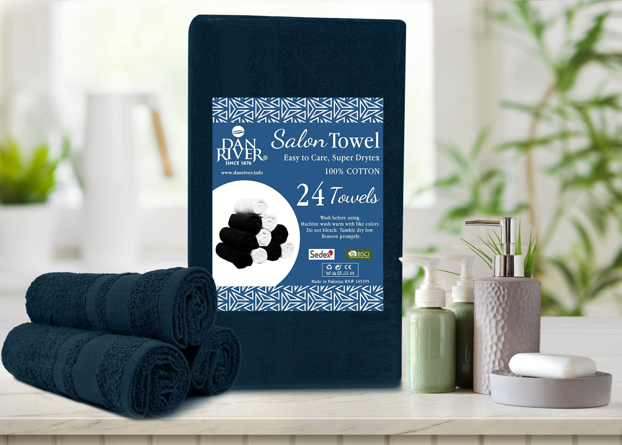 Dan River Salon Towel Pack of 24 Soft Quick Dry Absorbent Cotton Spa hand Towel - Navy 16x26in
