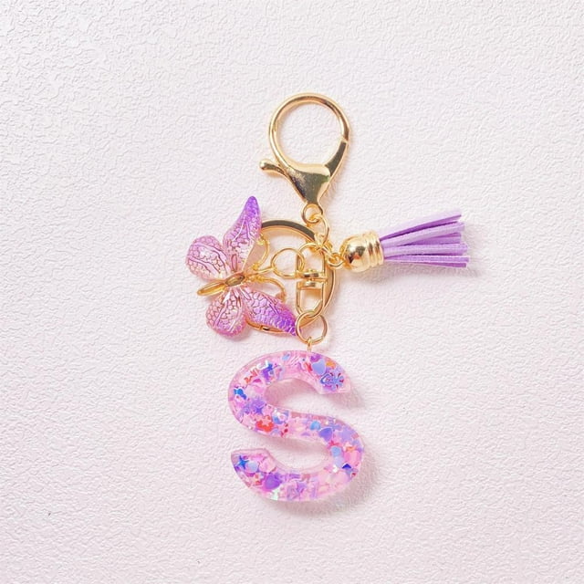 Feltree Initial Letter Keychains for Women Tassel Purple Cute Car Keychain for Wallet Backpack Bag
