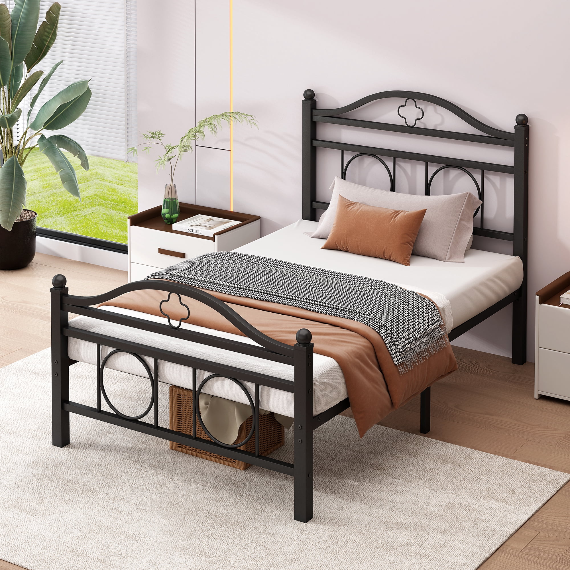 Chuangshuo Guard Twin Bed Frame with Headboard,Heavy Duty Steel Slats Support Mattress Foundation-Under Bed Storage, No Box Spring Needed, Noise Free,Black