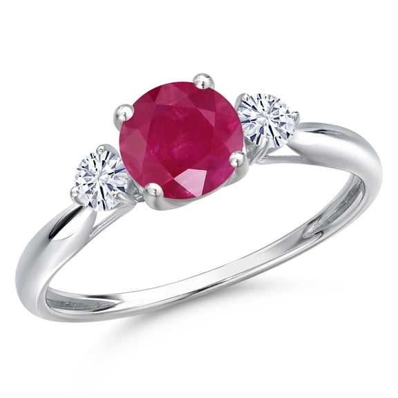 Gem Stone King 10K White Gold Red Ruby and White Moissanite 3-Stone Ring for Women | 1.20 Cttw | Round 6MM | Gemstone July Birthstone | Size 9