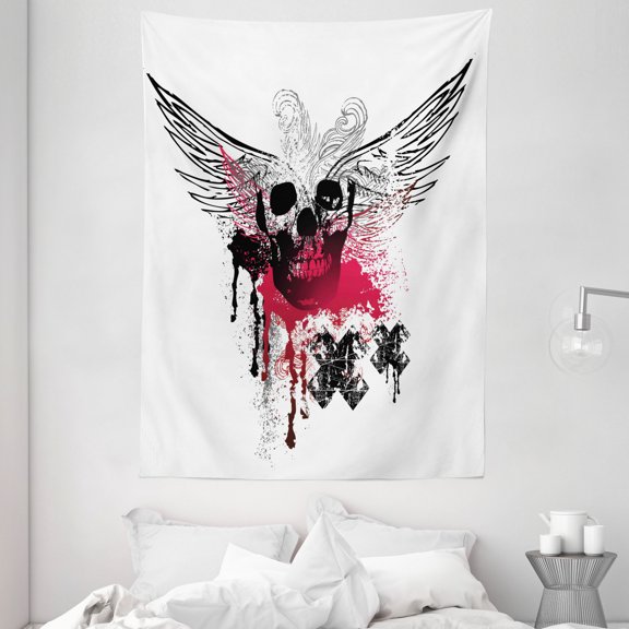 Skull Tapestry, Grunge Wings and Skull with Cross Signs and Color Stains Punk Style Artwork, Wall Hanging for Bedroom Living Room Dorm Decor, 60W X 80L Inches, Black Pink White , by Ambesonne