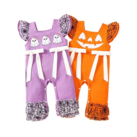 HWJAD 1-Piece Newborn Baby Girls Halloween Jumpsuit Infant Ghost Bell Bottoms Overalls Infant Ruffle Sleeves Romper Flare Pants My First Halloween Clothes