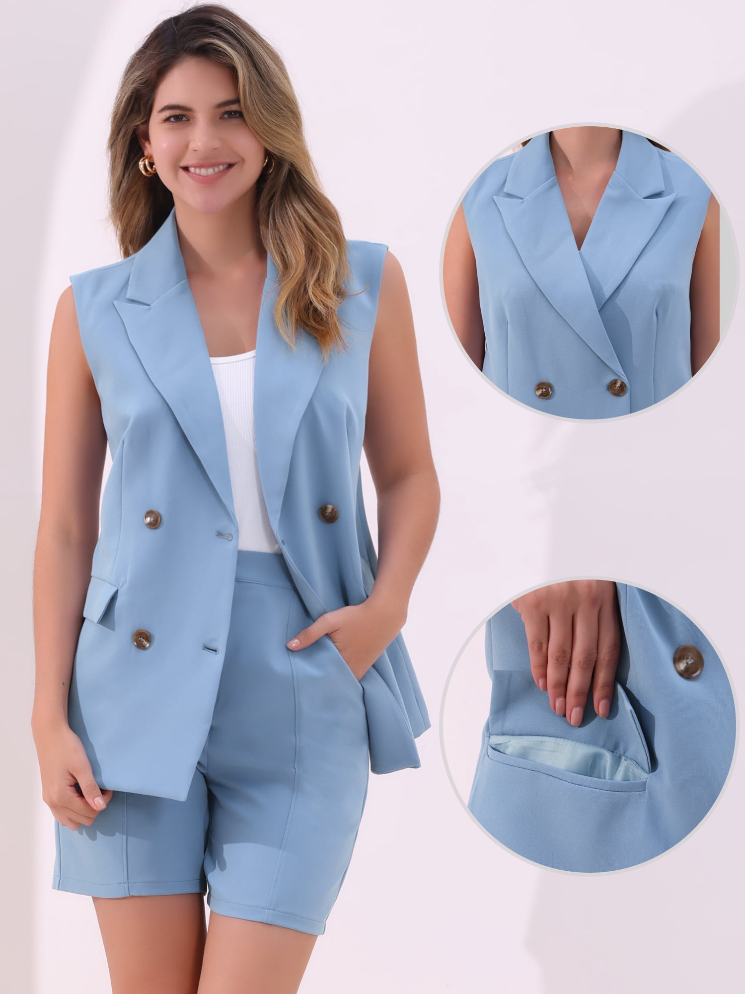 DARING DIVA Women's Blazer Vest Shorts Casual 2 Pieces Suit Set L Grey Blue