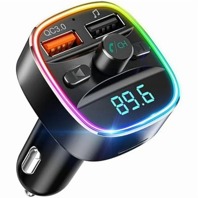 HAYAN Bluetooth FM Transmitter, Bluetooth Car Adapter with Dual USB Charger Wireless Radio Car Kit MP3 Player Support TF Card & USB Disk, Hands-Free Calling, 7 Colors Led Backlit Light, Black