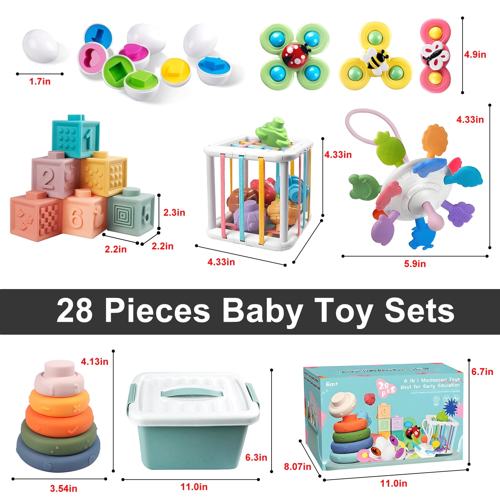 6-in-1 Montessori Baby Toys for 6-12 Months, Pull String Teether, Infant Stacking Blocks, Sensory Storage Bin Teething Toy Gifts for 1 2 3 Year Old Boys Girls