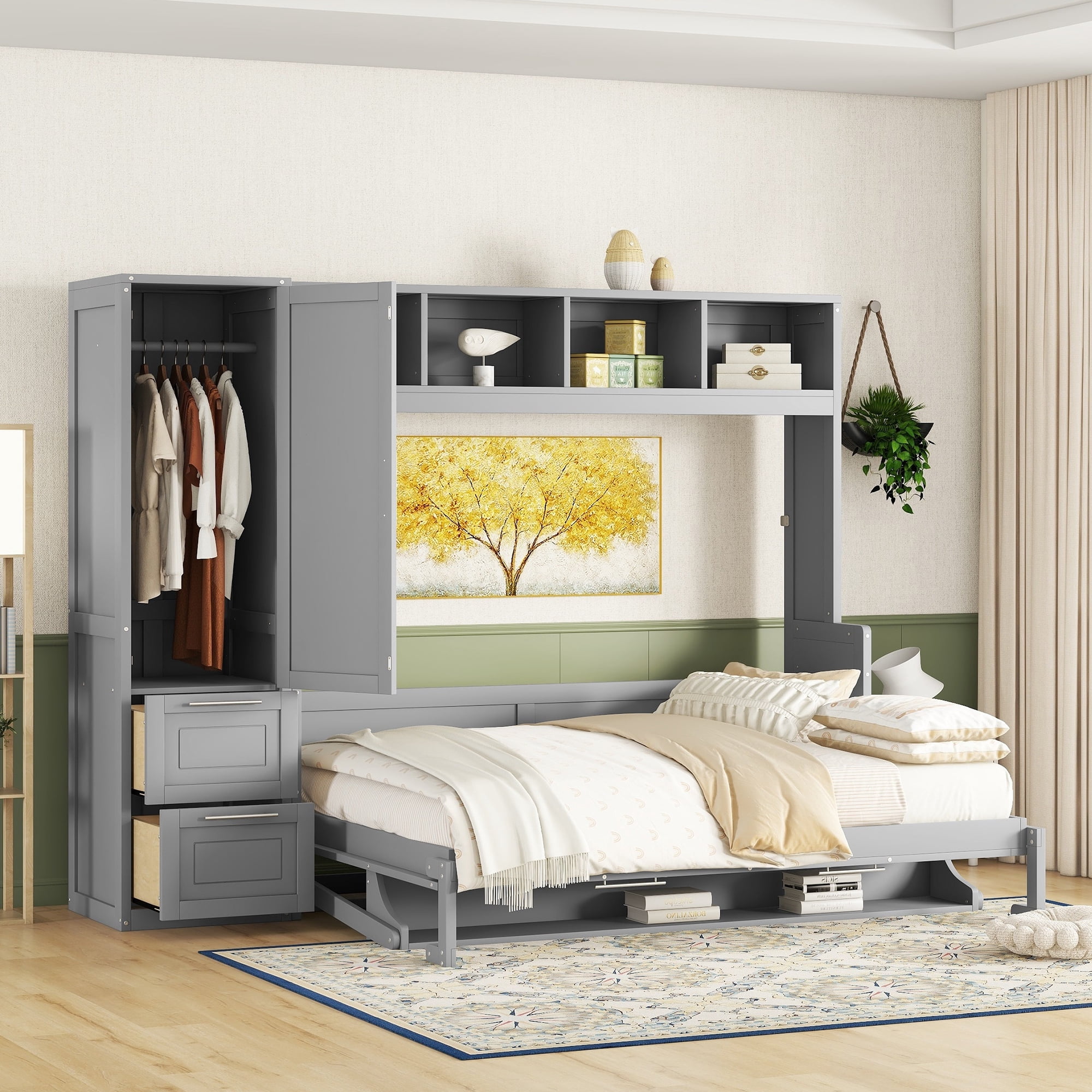 Euroco Wood Queen Size Murphy Bed with Wardrobe, Convertible Wall Bed wiht Cabinets and Shelves, Gray