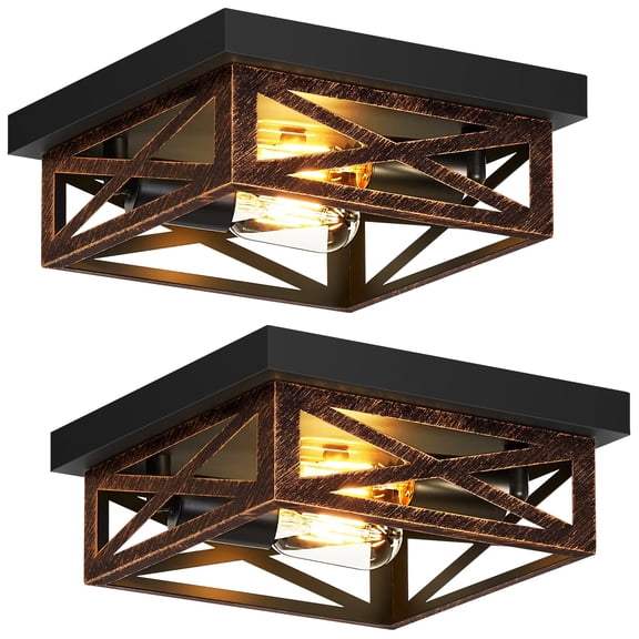 XPEHK 2 Pack 2-Light Square Flush Mount Ceiling Light, Black Oil Rubbed Bronze Farmhouse Crisscross Metal Cage Close to Ceiling Fixture for Entryway, Hallway, Bedroom
