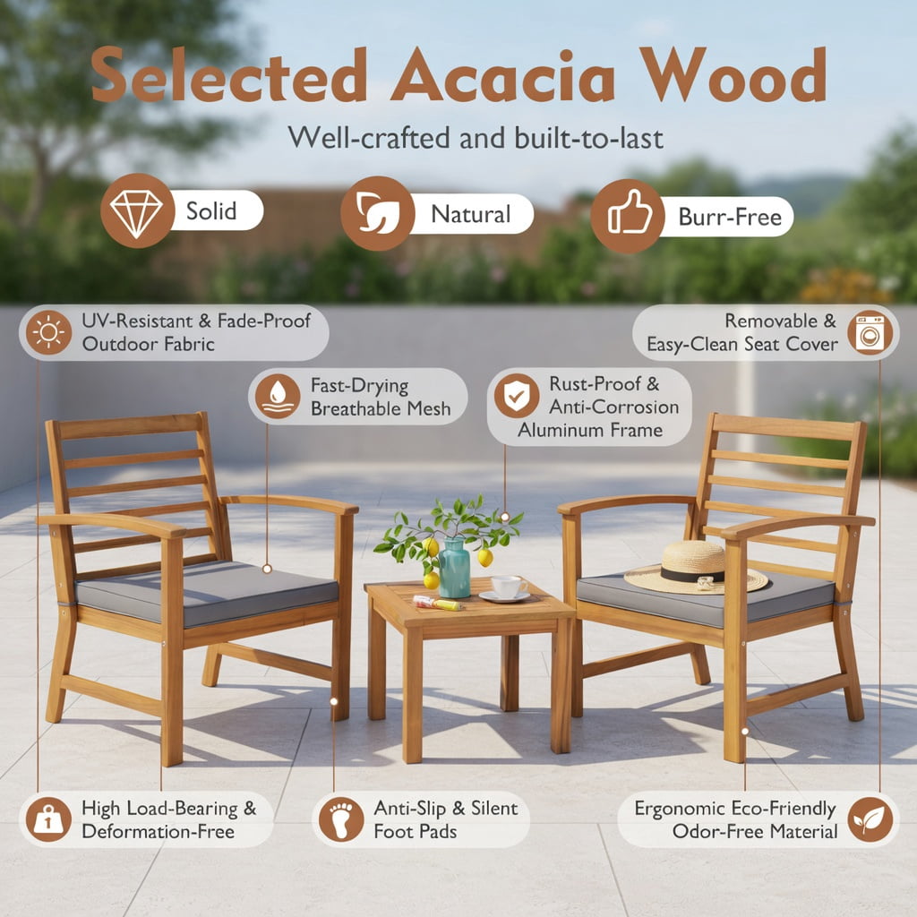 Hommoo 3-Piece Acacia Wood Outdoor Patio Furniture Set with Cushions, Durable Backyard Seating for Porch, Poolside & Deck, Gray