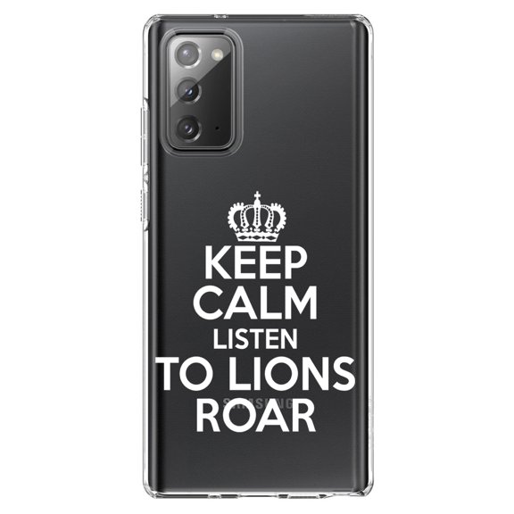 DistinctInk Clear Shockproof Hybrid Case for Samsung Galaxy Note 20 (6.7" Screen) - TPU Bumper Acrylic Back Tempered Glass Screen Protector - Keep Calm Listen to Lions Roar