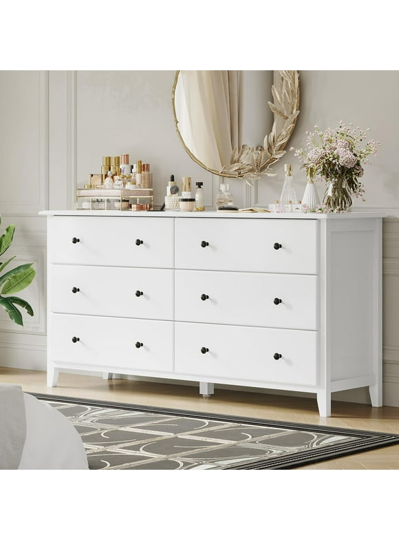 Afuhokles 6 Drawers Dresser for Bedroom, Solid Wood Dresser, Modern Dresser with Wide Storage Space, Large Capacity Storage Cabinet, White