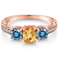 thumbnail image 3 of Gem Stone King 18K Rose Gold Plated Silver 3-Stone Ring Oval/Checkerboard Yellow Citrine and Vivid Persian Blue Moissanite (1.85 Cttw, Size 5), 3 of 6
