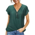 thumbnail image 4 of LAVA Women V Neck Summer Tops Business Casual Zipper Shirts Short Sleeve Blouses (Green, S), 4 of 9