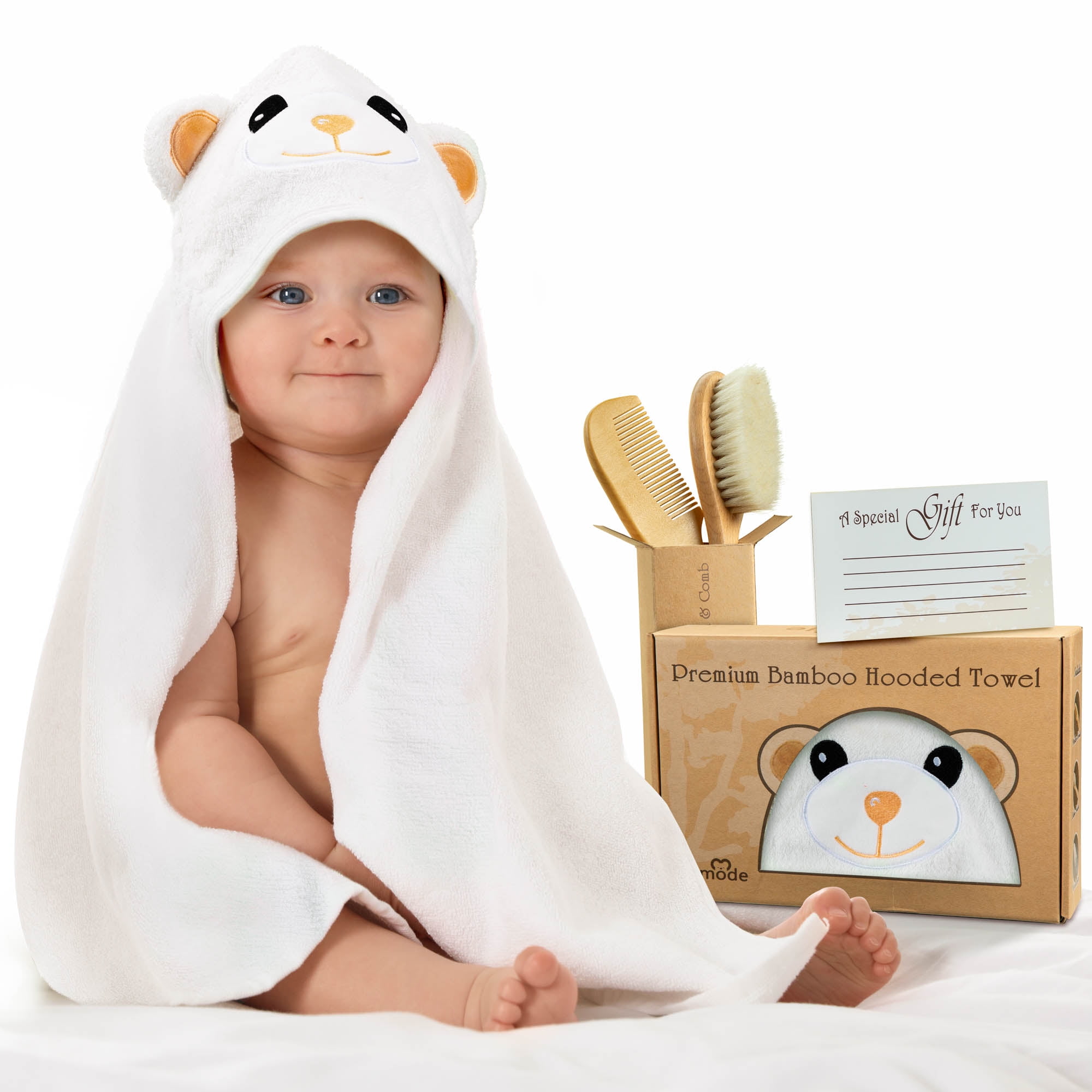 KERMODE Baby Hooded Towel Set – 100 % Bamboo Baby Bath Set with Baby Washcloths, Includes, Wooden Comb, Soft Baby Brush – Premium Natural Organic Bamboo Washcloths – Baby Towels for Boys and Girls