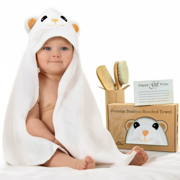 KERMODE Baby Hooded Towel Set  100 % Bamboo Baby Bath Set with Baby Washcloths, Includes, Wooden Comb, Soft Baby Brush  Premium Natural Organic Bamboo Washcloths  Baby Towels for Boys and Girls