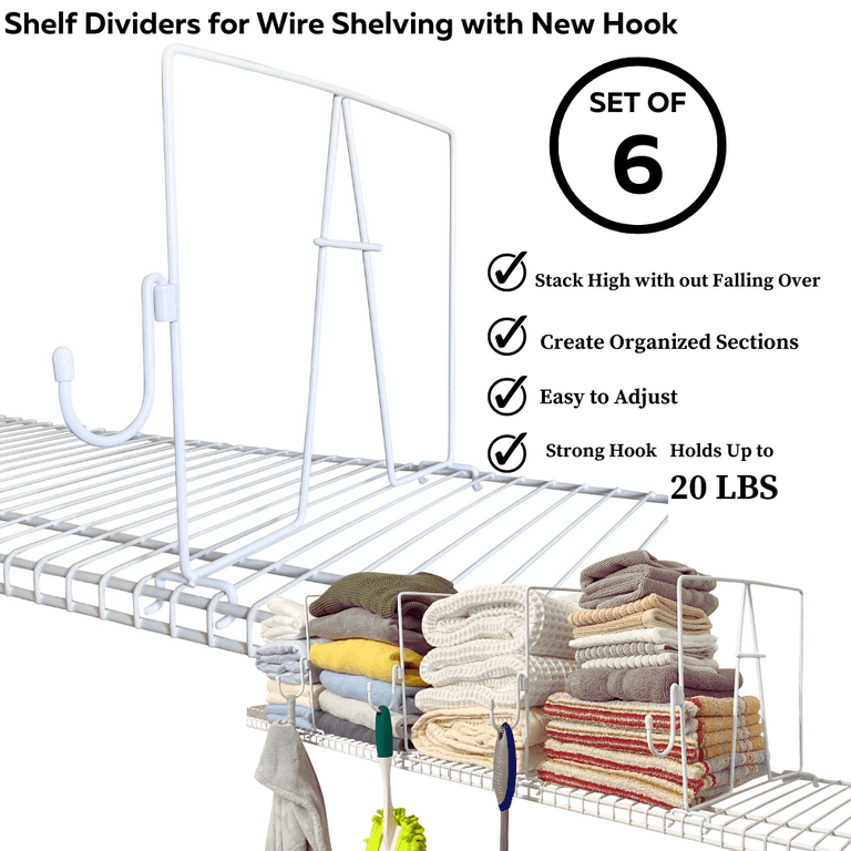 Evelots Wire Shelf Dividers for Closet Organization With Hooks-New-Patent  Pending-6 Pack-Attached Hooks for Extra Storage-Easy Clip-Plastic Coated