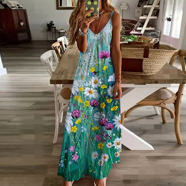 SMihono Robe Maxi Bohème d'Été pour Femmes Grande Taille Mode Femme Bretelles Taille Mi-Haute Col en V Sans Manches Rayée Imprimée Robe Longue de Plage