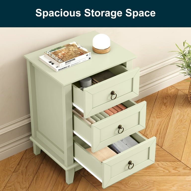 Heynemo Light Green Modern 3-Drawer Dresser: Tall Narrow Nightstand with Smooth Gliding Drawers, Sturdy Wood Bedside Table for Bedroom