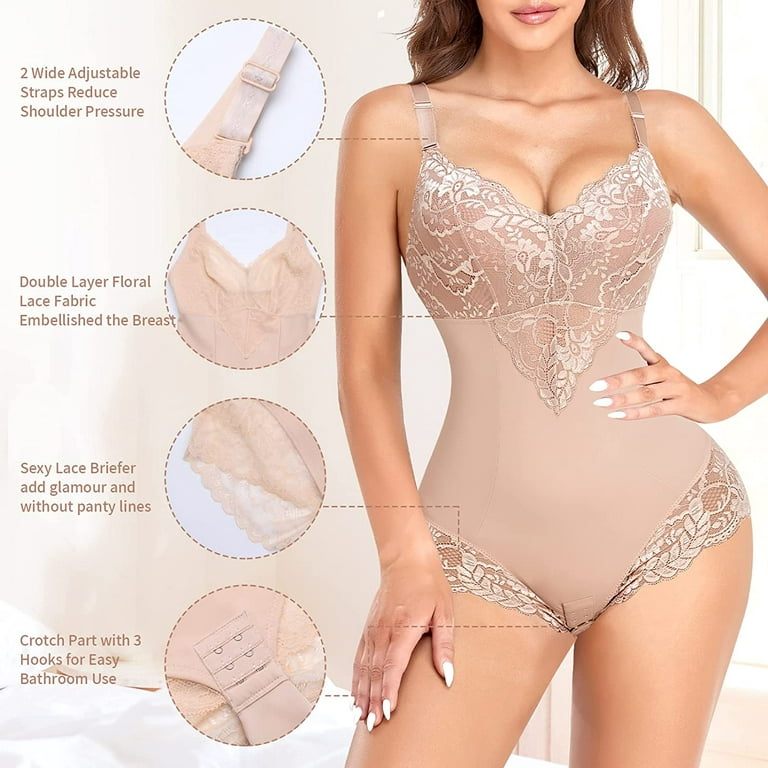 Lace Shapewear Bodysuit for Women Tummy Control Backless Body Shaper V-neck Sexy  Lingerie Lace Briefer 