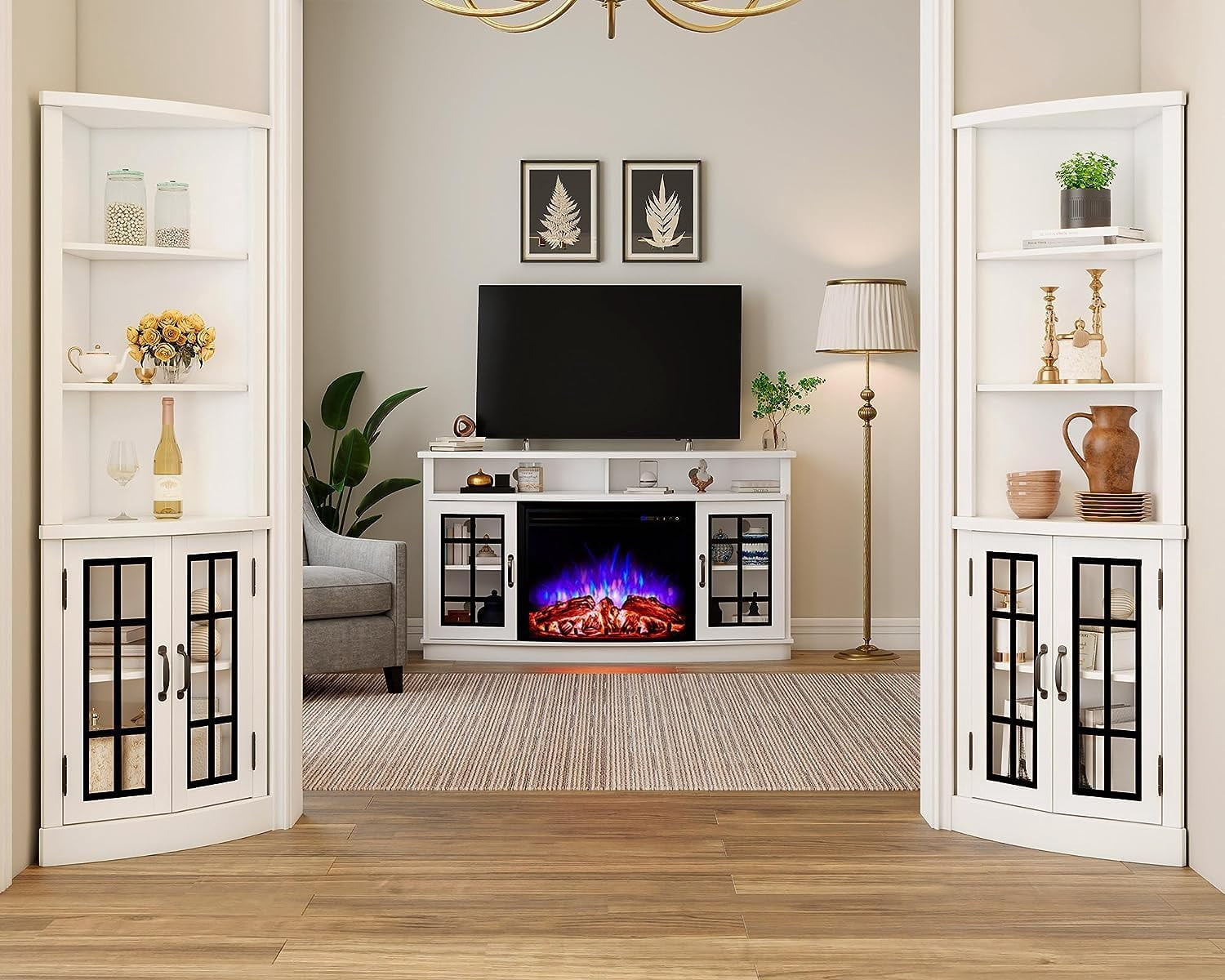 Merluxy TV Stand with 26" Fireplace, 63" Entertainment Center with Fireplace, Distressed White