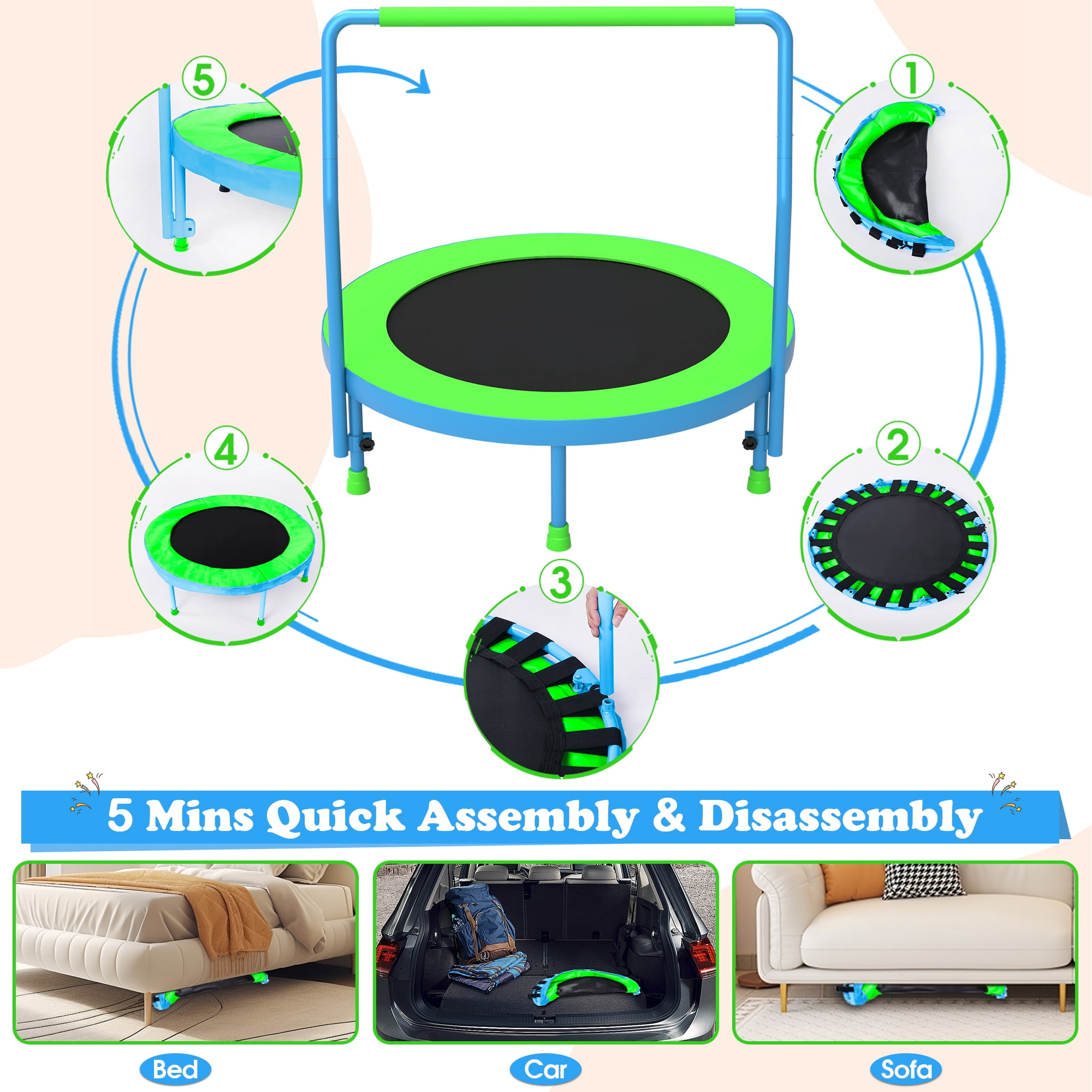 Cochan 36inch Mini Trampoline for Kids, 3FT Small Indoor Trampoline with Handlebar Ages 1-6, Foldable Kids Trampoline for Toddlers, Brithday Gift for Boy and Girl