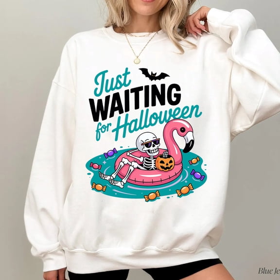 Just Waiting for Halloween Skeleton Sweatshirt – Funny Flamingo Pool Float Halloween Pullover