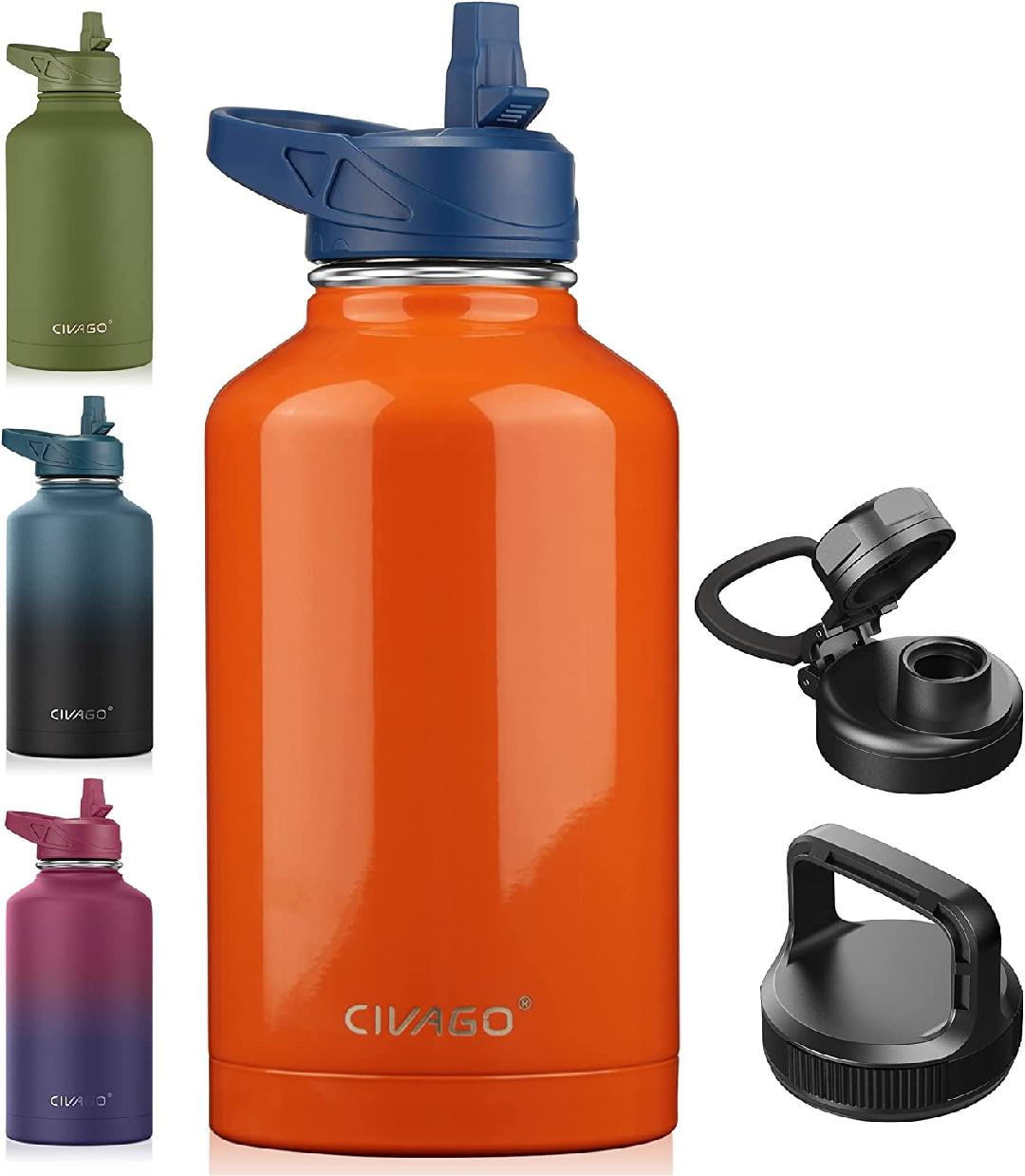 64 oz Insulated Water Bottle With Straw, Half Gallon Stainless Steel