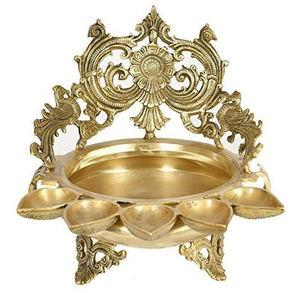 Exotic India Peacock Urli with Lamp Brass Statue Golden