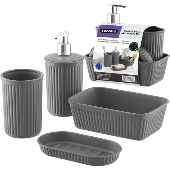 Superio Brand Superio Decorative Ribbed Bathroom Accessory Set, Plastic - Grey (4 Pack)