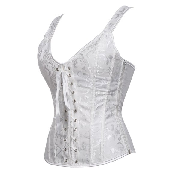 KHONTS Women's Lace up Gothic Jacquard Shoulder Straps Tank Overbust Shaper Corset Bustiers Tops White XS