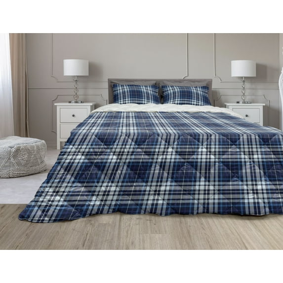 Navy Plaid Comforter & Sham Bedding Set, Abstract Lines Overlapped Geometric Motifs Illustration, 3 pcs Duvet Set Microfiber Filling Quilt, 5 Sizes, Sea Blue Pale Blue, by Ambesonne