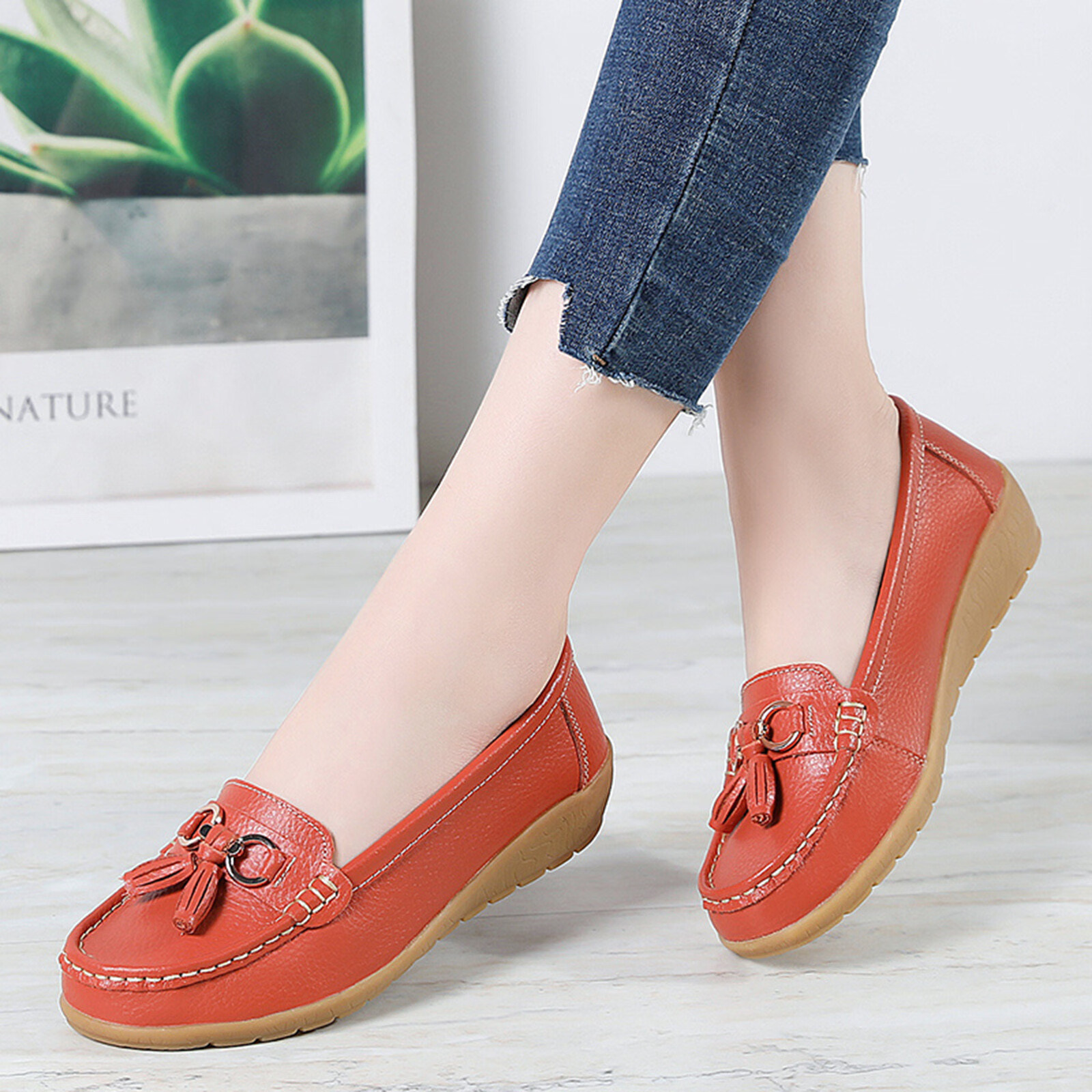 Womens Comfort Walking Flat Loafer Slip On Leather Loafer Comfortable Flat Shoes Outdoor Driving Shoes PU Orange Flats Shoes for Women - image 2 of 6